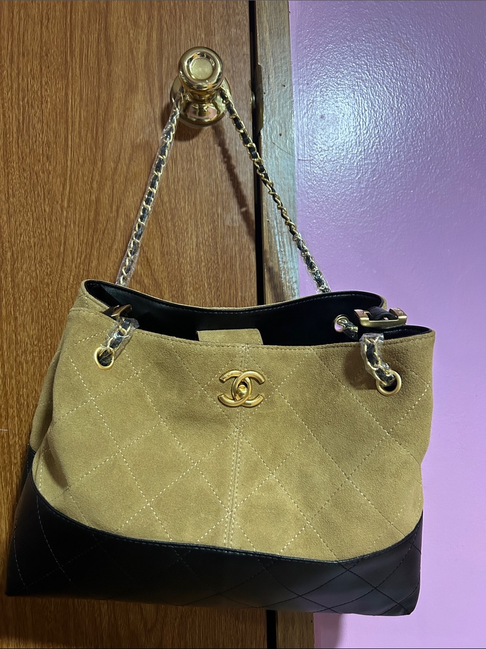 Suede and Leather Quilted Shoulder Bag in Tan and Black